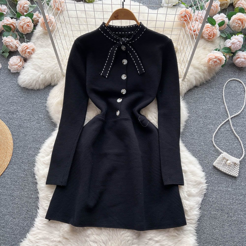 Free / black Chic Peter Pan Collar Bandage Tight Rib-Knit A-Line Dresses Women Lady Elegant Solid Slim Knitting Sweater Dress