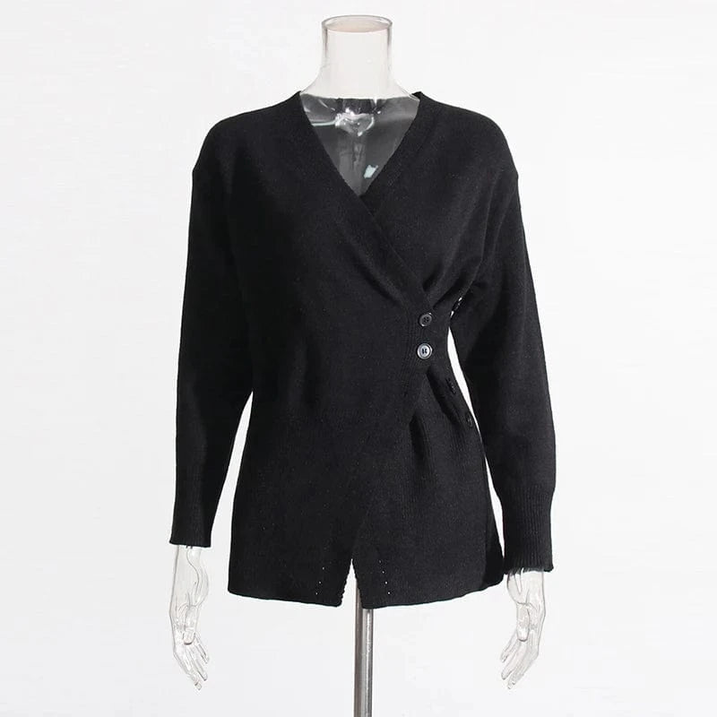 Free / Black CHICEVER High Quality Solid Color V Neck Long Sleeve Women Cardigan Knitted Sweater 2023