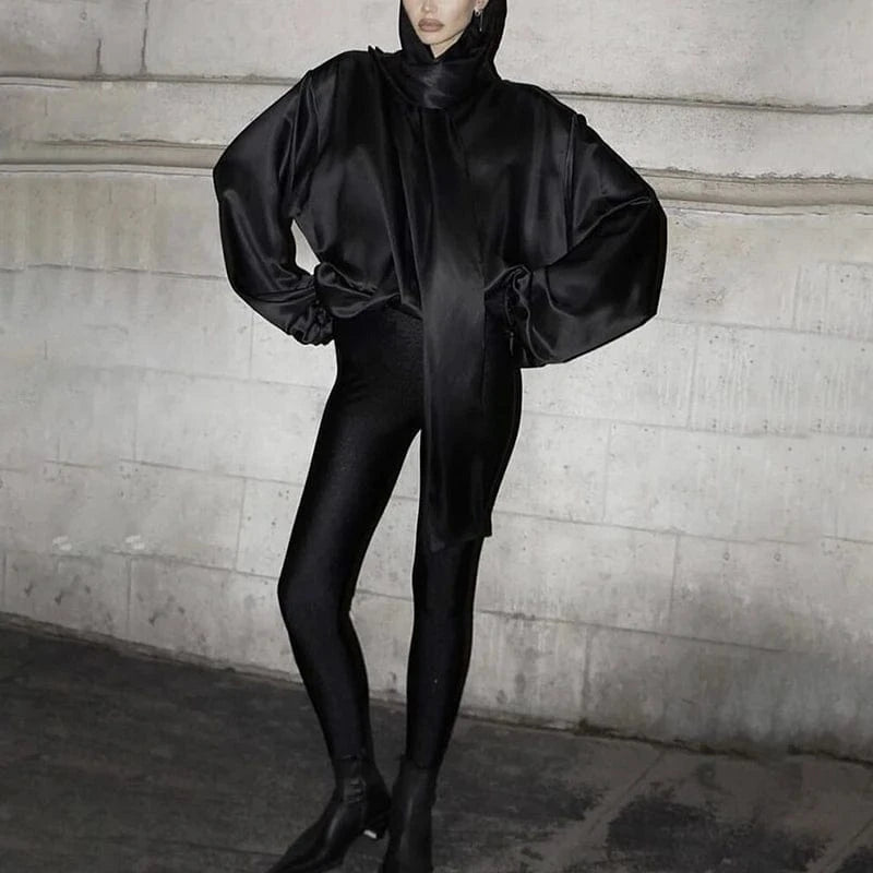 Free / Black CHICEVER Temperament Elegant Hooded Long Sleeve Loose Black Blouses And Shirts For Women