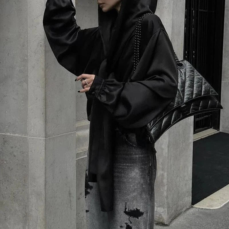 Free / Black CHICEVER Temperament Elegant Hooded Long Sleeve Loose Black Blouses And Shirts For Women