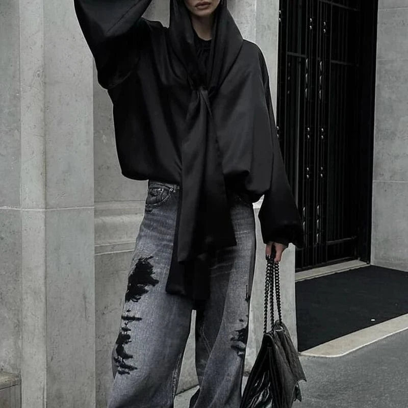 Free / Black CHICEVER Temperament Elegant Hooded Long Sleeve Loose Black Blouses And Shirts For Women