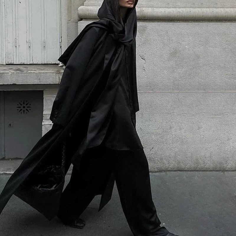 Free / Black CHICEVER Temperament Elegant Hooded Long Sleeve Loose Black Blouses And Shirts For Women