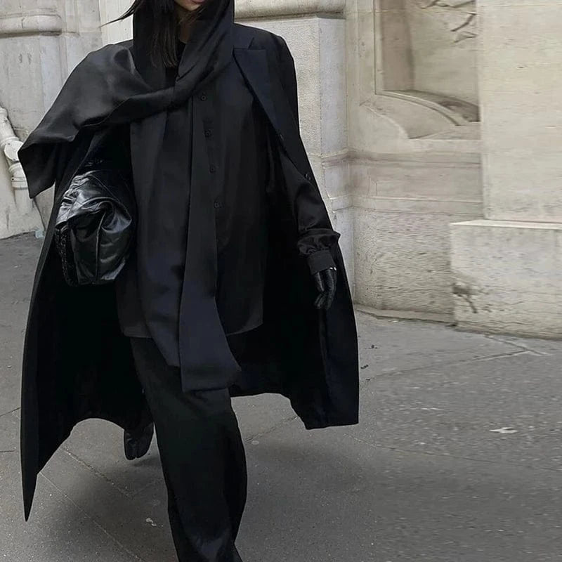 Free / Black CHICEVER Temperament Elegant Hooded Long Sleeve Loose Black Blouses And Shirts For Women