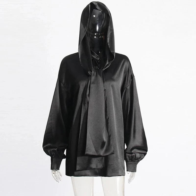 Free / Black CHICEVER Temperament Elegant Hooded Long Sleeve Loose Black Blouses And Shirts For Women