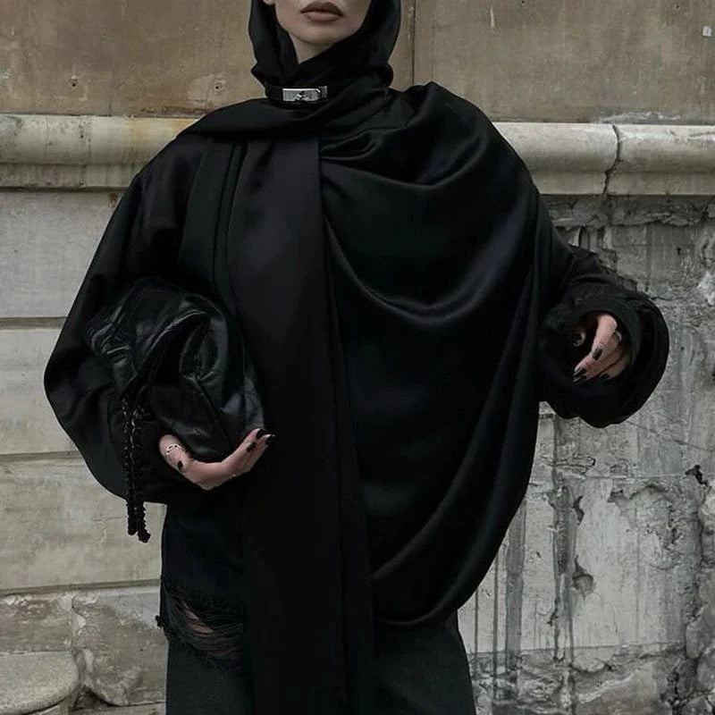 Free / Black CHICEVER Temperament Elegant Hooded Long Sleeve Loose Black Blouses And Shirts For Women