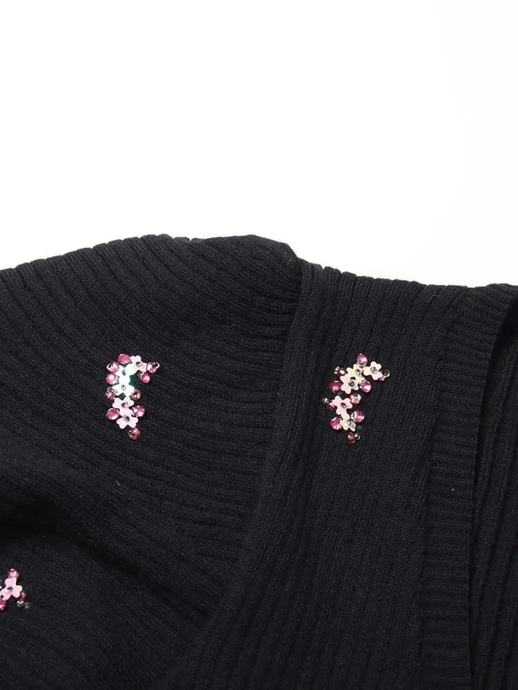 Free / Black CHICEVER V Neck Puff Sleeve Single Breasted Slim Patchwork Diamonds Hit Color Knitted Sweater Women