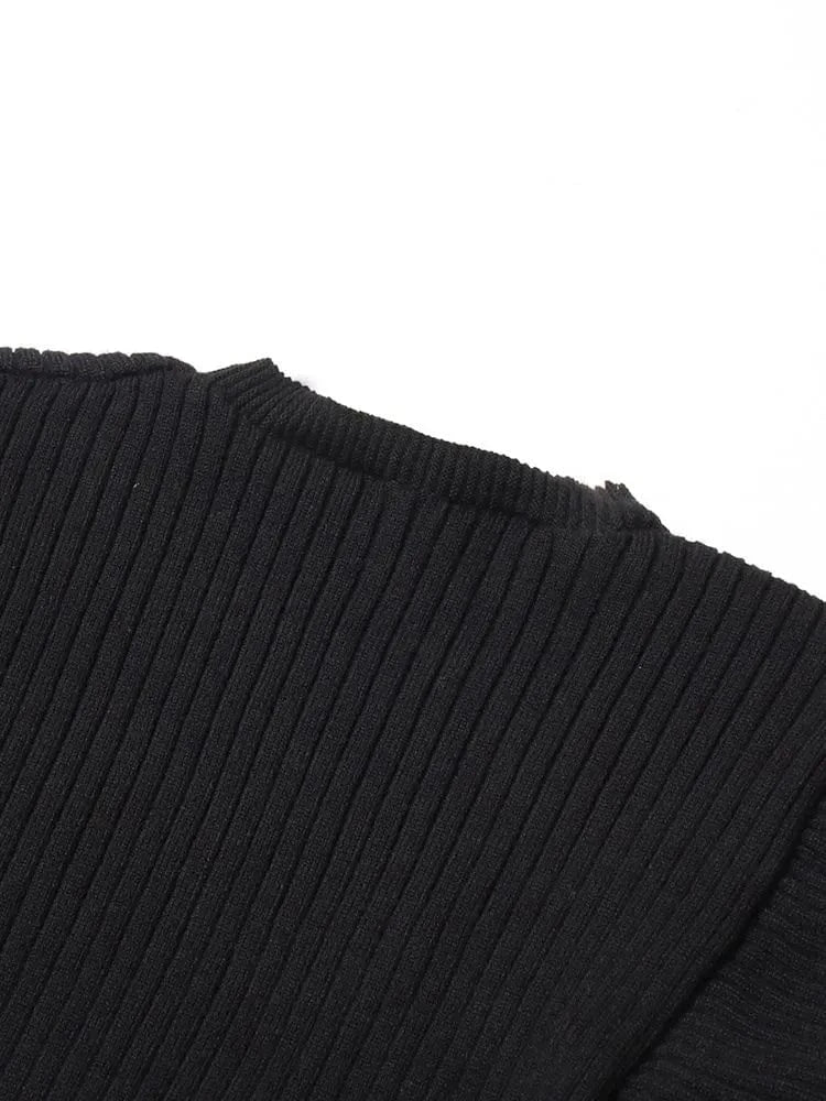 Free / Black CHICEVER V Neck Puff Sleeve Single Breasted Slim Patchwork Diamonds Hit Color Knitted Sweater Women