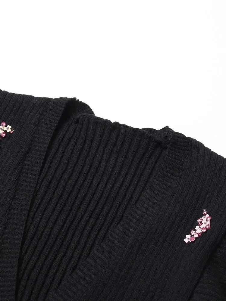 Free / Black CHICEVER V Neck Puff Sleeve Single Breasted Slim Patchwork Diamonds Hit Color Knitted Sweater Women