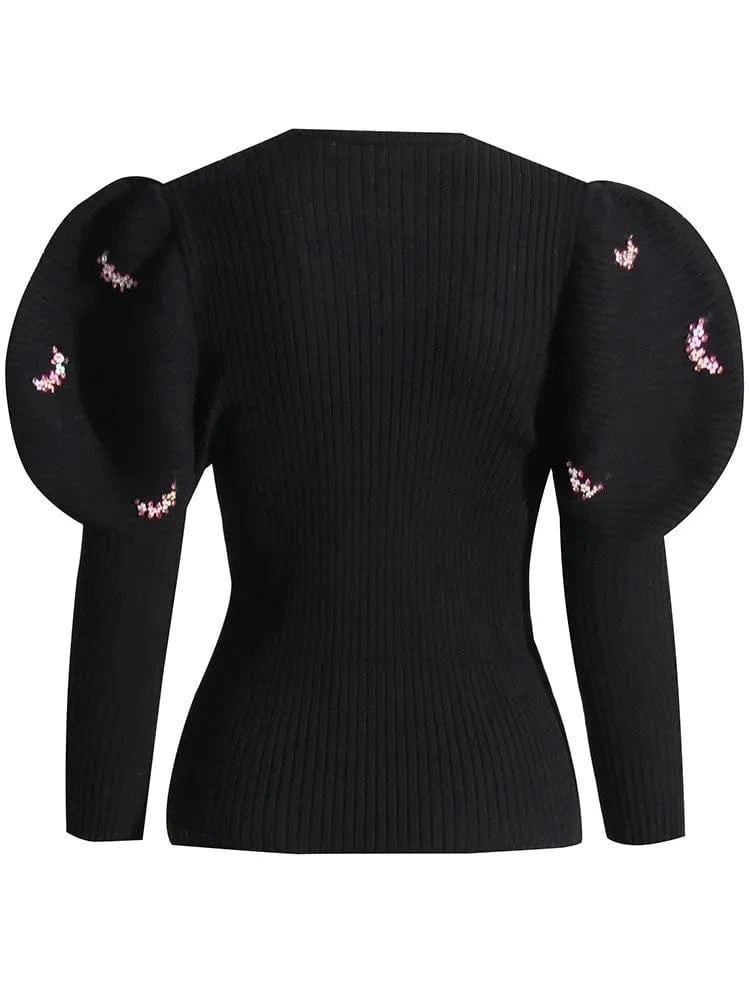 Free / Black CHICEVER V Neck Puff Sleeve Single Breasted Slim Patchwork Diamonds Hit Color Knitted Sweater Women