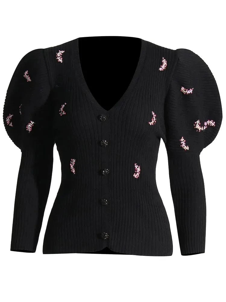 Free / Black CHICEVER V Neck Puff Sleeve Single Breasted Slim Patchwork Diamonds Hit Color Knitted Sweater Women