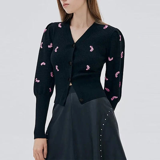 Free / Black CHICEVER V Neck Puff Sleeve Single Breasted Slim Patchwork Diamonds Hit Color Knitted Sweater Women