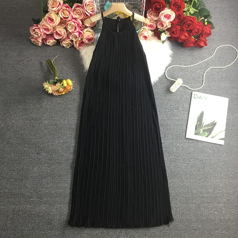 Free / black Coldker Holiday Beach Sleeveless Halter Dress Multicolor Pleated Design High Waist A Line Vestido Sexy O Neck Pullover Ropa
