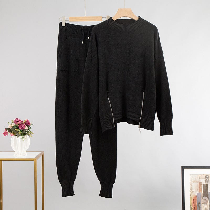 Free / black Elegant Cashmere Knitted Sets Women Winter Warm Basil Two Pieces Loose Sweater and Harem Pants Female Tracksuit