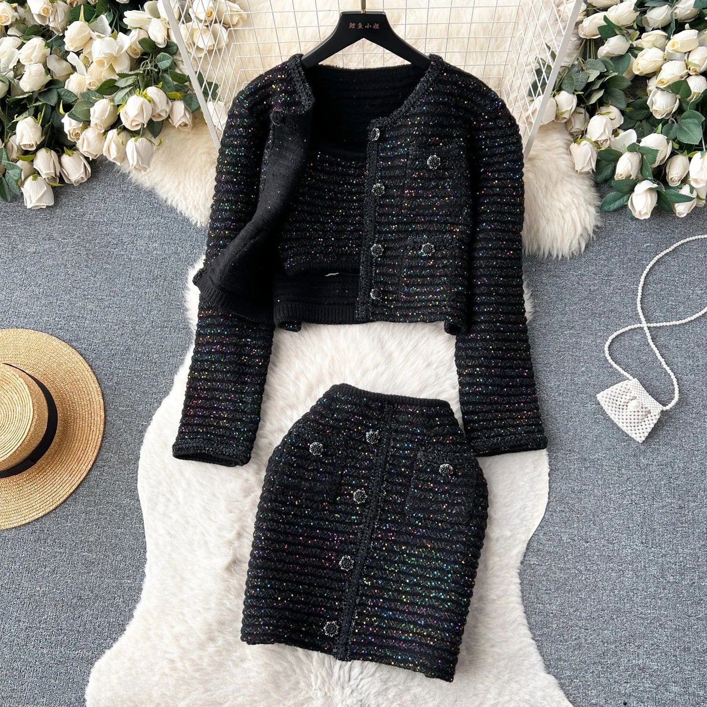 Free / Black Elegant Casual Short Cardigan Sequin Knitted Set Autumn New Mini Skirt Set   Shorts Two Piece Women's Clothing
