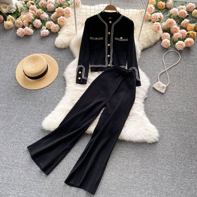 Free / black Fall ANSZKTN Empire Show Thin Single Breasted Knit Cardigan Two Piece Wide Leg Pants Set For Women