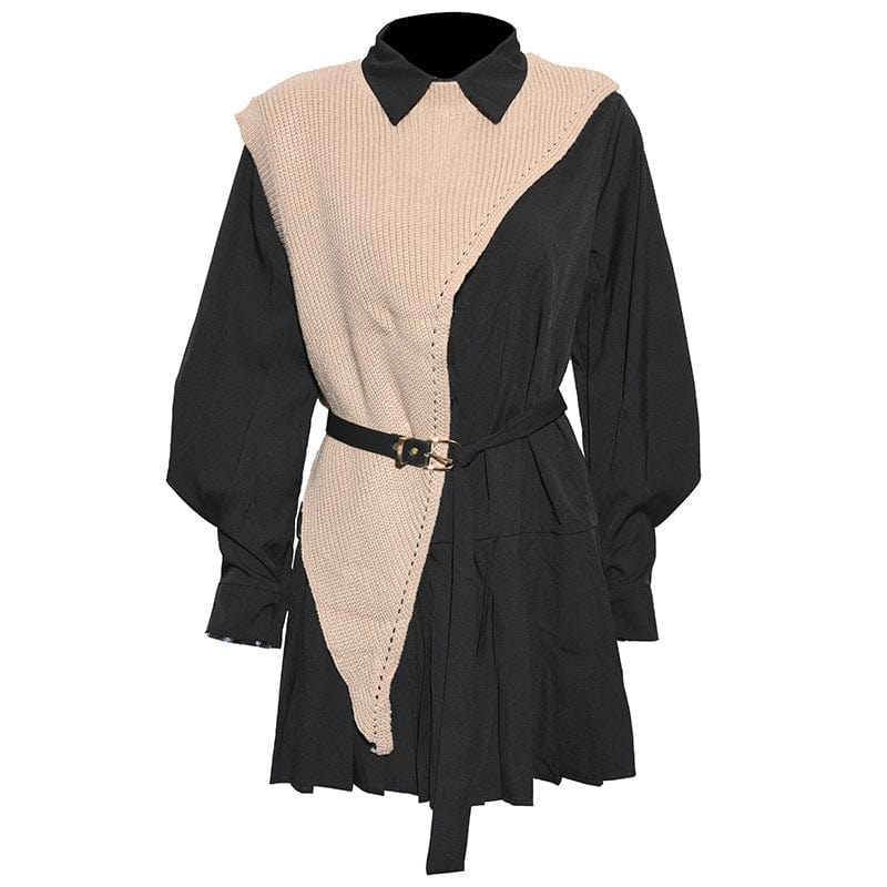 Free / black Fall fashion ladies two piece set women clothing dress irregular knit vest waistcoat long sleeve pleated shirt dress