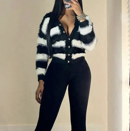 Free / Black Fall spring ladies casual striped faux mink fur knitted cardigan V neck women sweater jacket coat cardigan