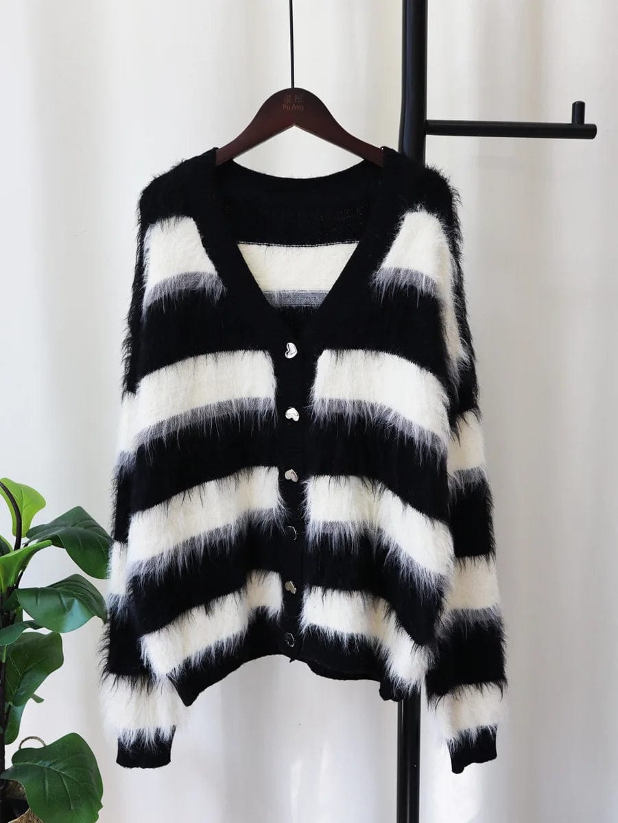 Free / Black Fall spring ladies casual striped faux mink fur knitted cardigan V neck women sweater jacket coat cardigan