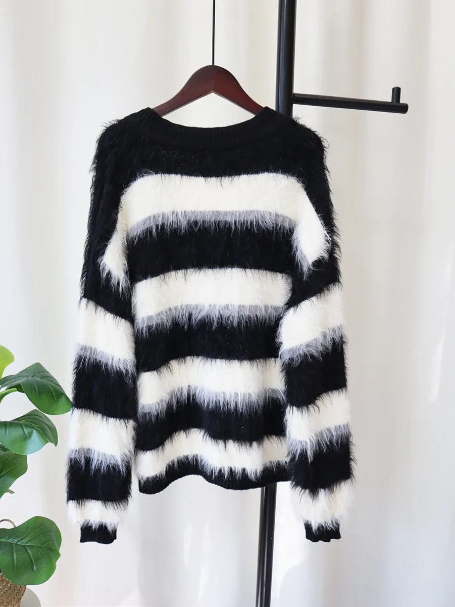 Free / Black Fall spring ladies casual striped faux mink fur knitted cardigan V neck women sweater jacket coat cardigan