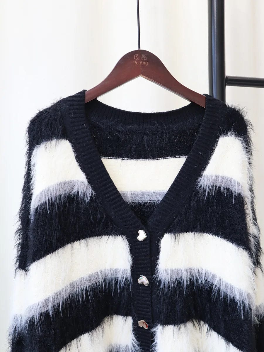 Free / Black Fall spring ladies casual striped faux mink fur knitted cardigan V neck women sweater jacket coat cardigan
