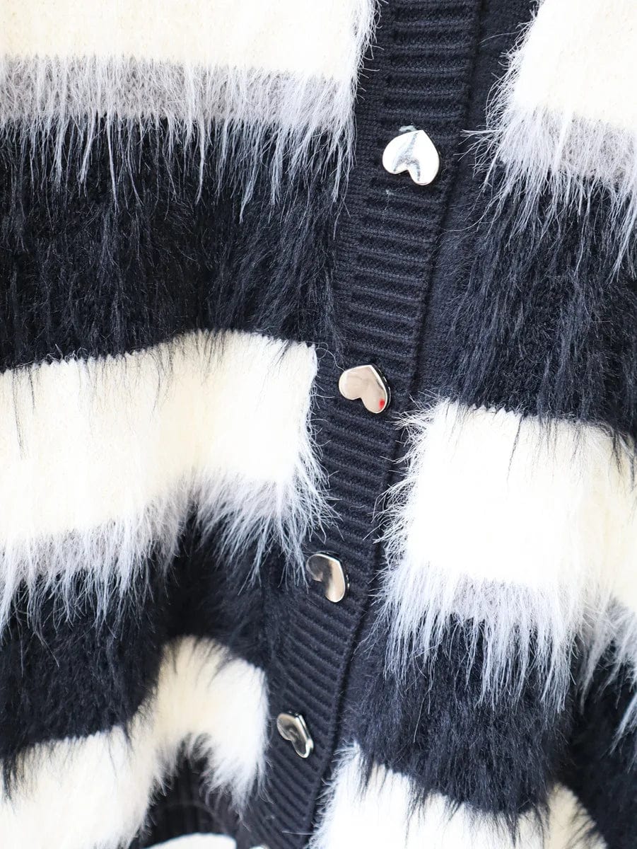 Free / Black Fall spring ladies casual striped faux mink fur knitted cardigan V neck women sweater jacket coat cardigan