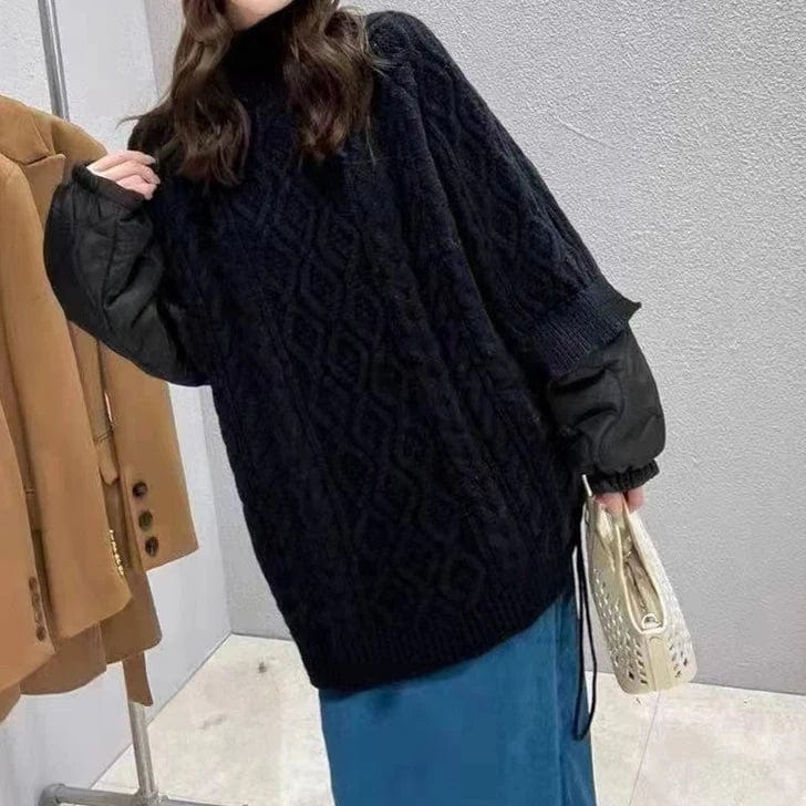 Free / Black Fall winter fashion ladies patchwork knitted top casual side drawstring high neck pullover sweater women