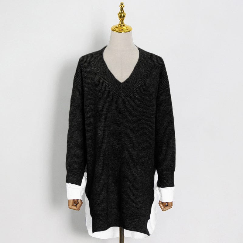 Free / black Fall winter ladies elegant V neck loose oversized sweater blank patchwork blouse women pullover knitted sweater