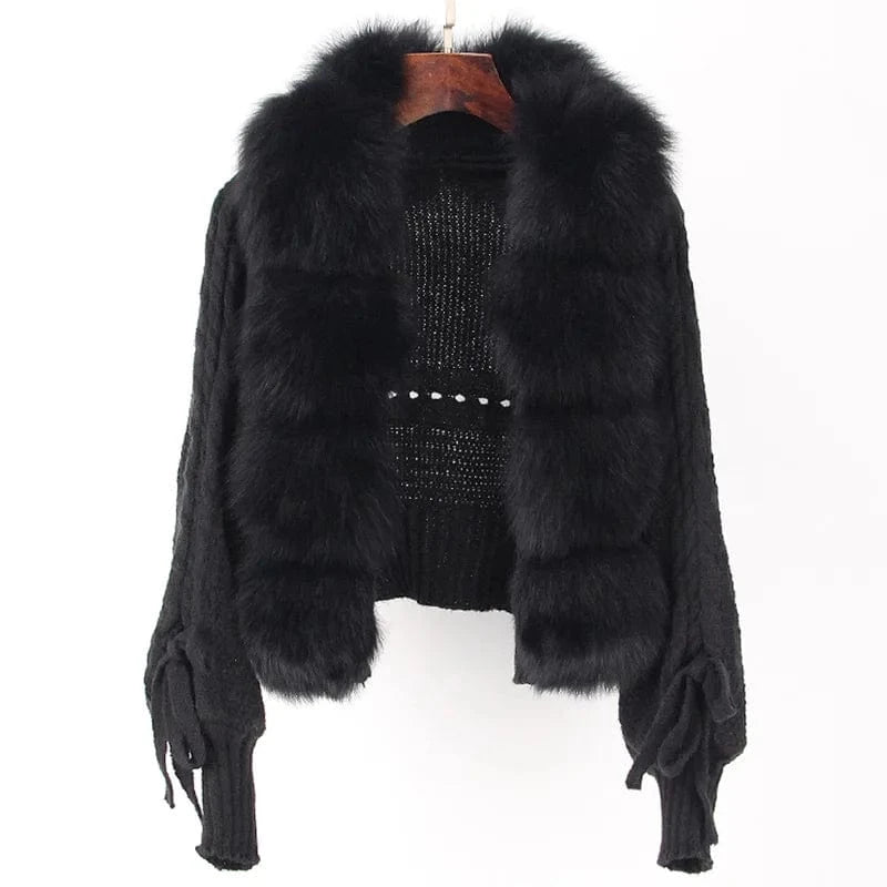 Free / Black Fashion Short Sweater Coat Luxury Real Fox Fur Trimming Cardigan for Women