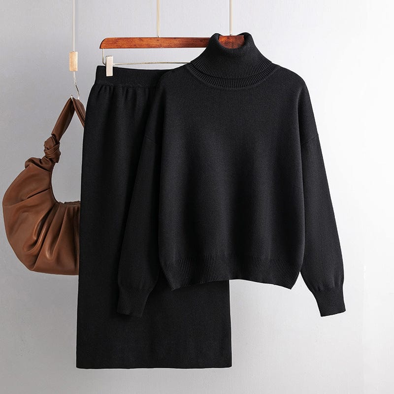 Free / black Fashion Two Piece Set Autumn And Winter New Knitted Set For Ladies Outer Wear High Collar Sweater Skirt Set Female Wholesale