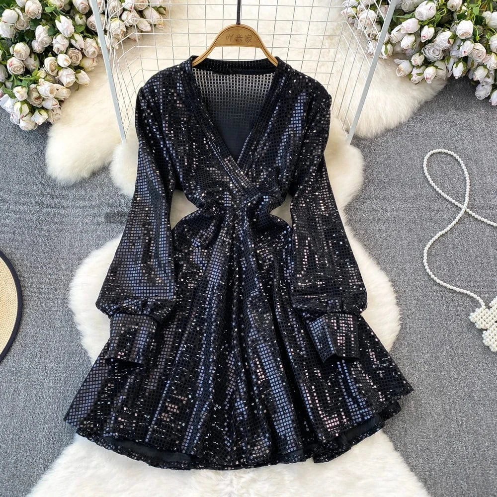 Free / Black Good Quality Wholesale Women's Party Wear Shirt Dress Bandage Sequin Glitter Shirts For Female