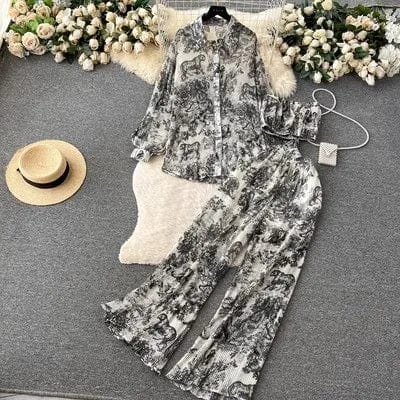 Free / Black Gray Ons size Spring/Summer Loose Pleated Shirt+Bra+Draping High Waist Pants Pure Desire Fashion Women's Set