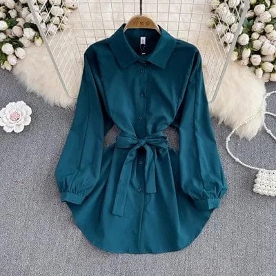 Free / Black green One size  Spring new mid length collection waist shirt retro lapel long sleeved top