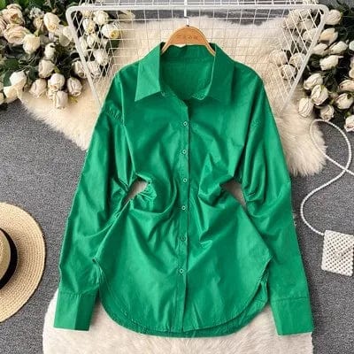 Free / Black green One size  Spring retro waistband design medium length long sleeved shirt Solid color top with a lapel shirt
