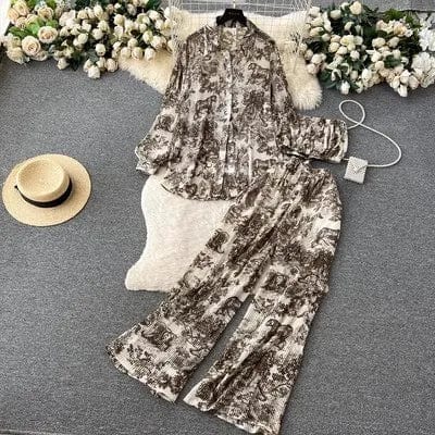 Free / Black green Ons size Spring/Summer Loose Pleated Shirt+Bra+Draping High Waist Pants Pure Desire Fashion Women's Set