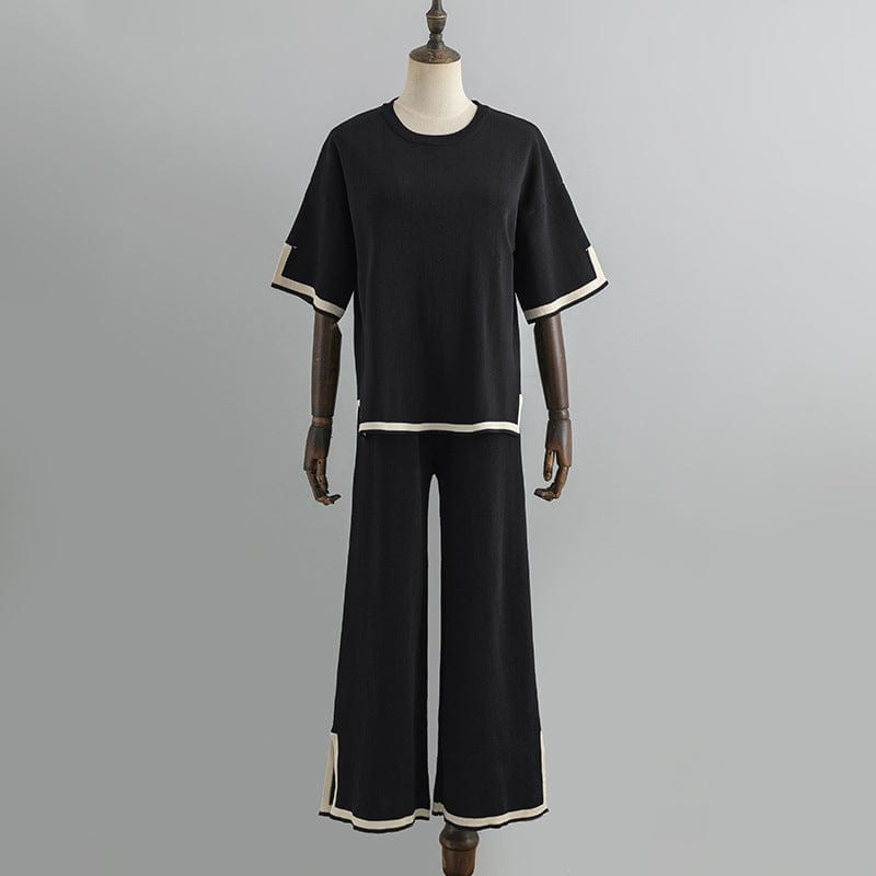 Free / Black GX3204 Good Quality 2023 Women's Knit Outfit Spring Summer Casual Short Sleeve Loose Tops and Wide-leg Pants 2 Piece Set