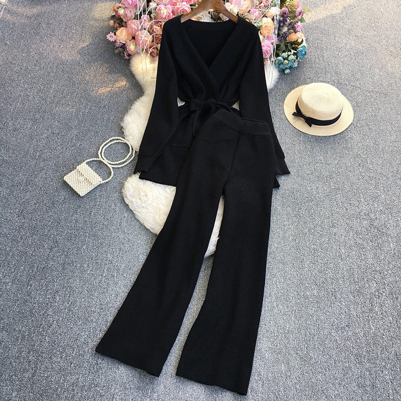 Free / black GX7188A Fashion causal knit clothing vendor leisure suits women long sleeve shirt and wide leg pant matching suits 2 piece sets
