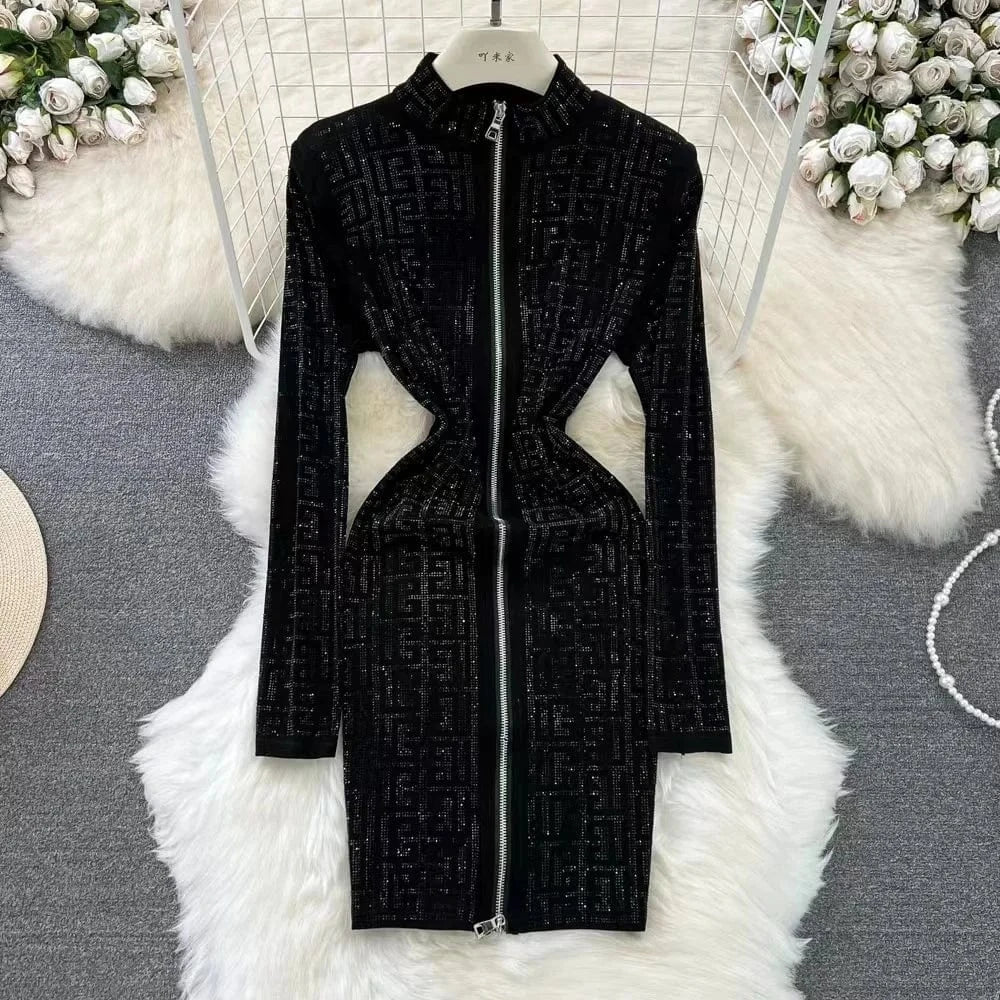 Free / Black Hot Sale Rhinestones Long Sleeve Dress F Pattern Dress