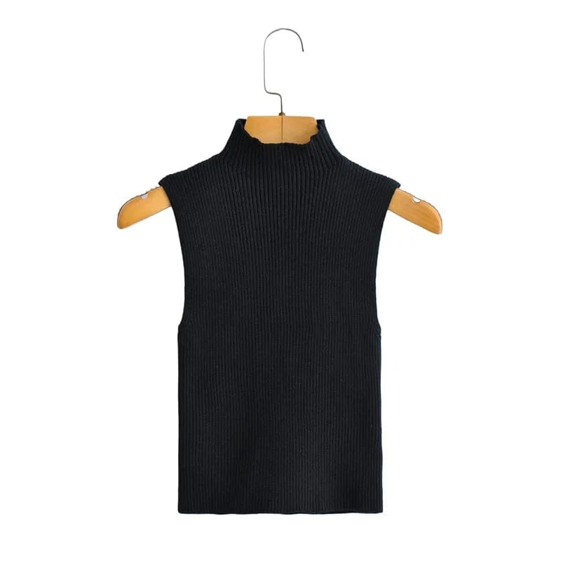 Free / Black INS Hot Sell knitted turtle neck sleeveless tank top