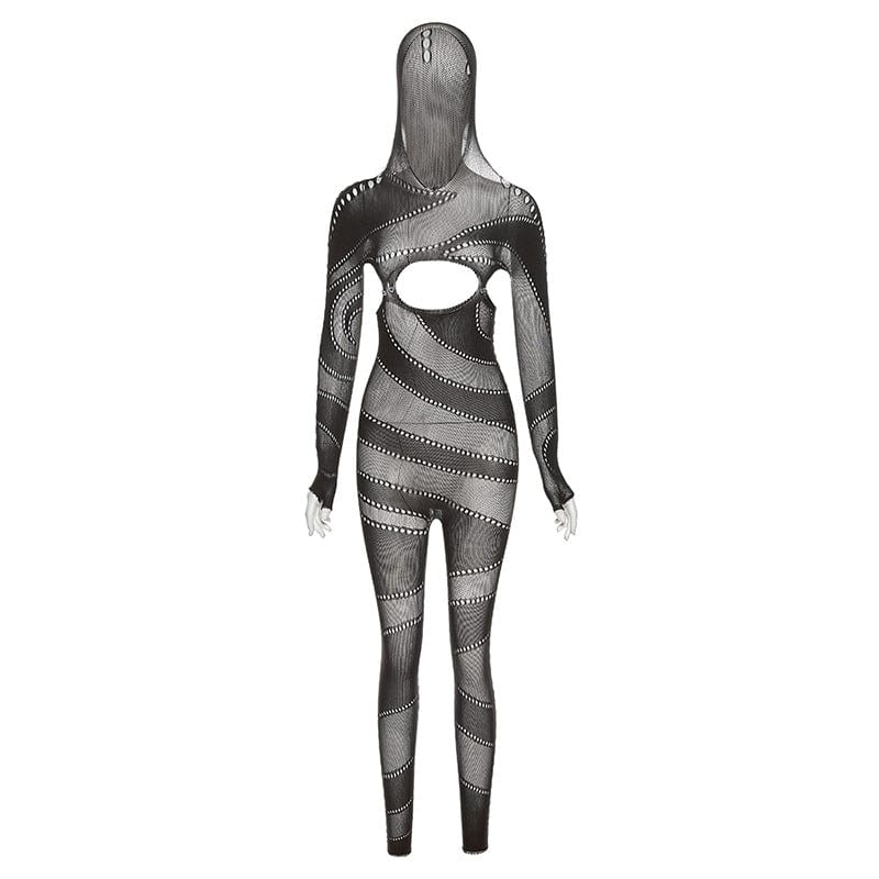 Free / black Knitted Jumpsuit 2022 Fall &Winter Women Clothing Sexy Hollow out  One Piece Jumpsuit with Hooded Playsuit