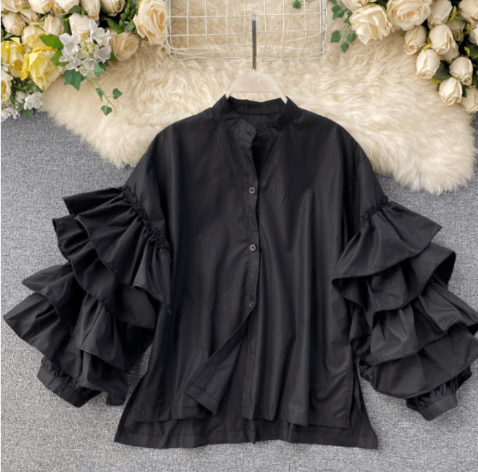 Free / black Latest Design Fashion Loose Ruffle Flare Sleeves Women Casual Blouse