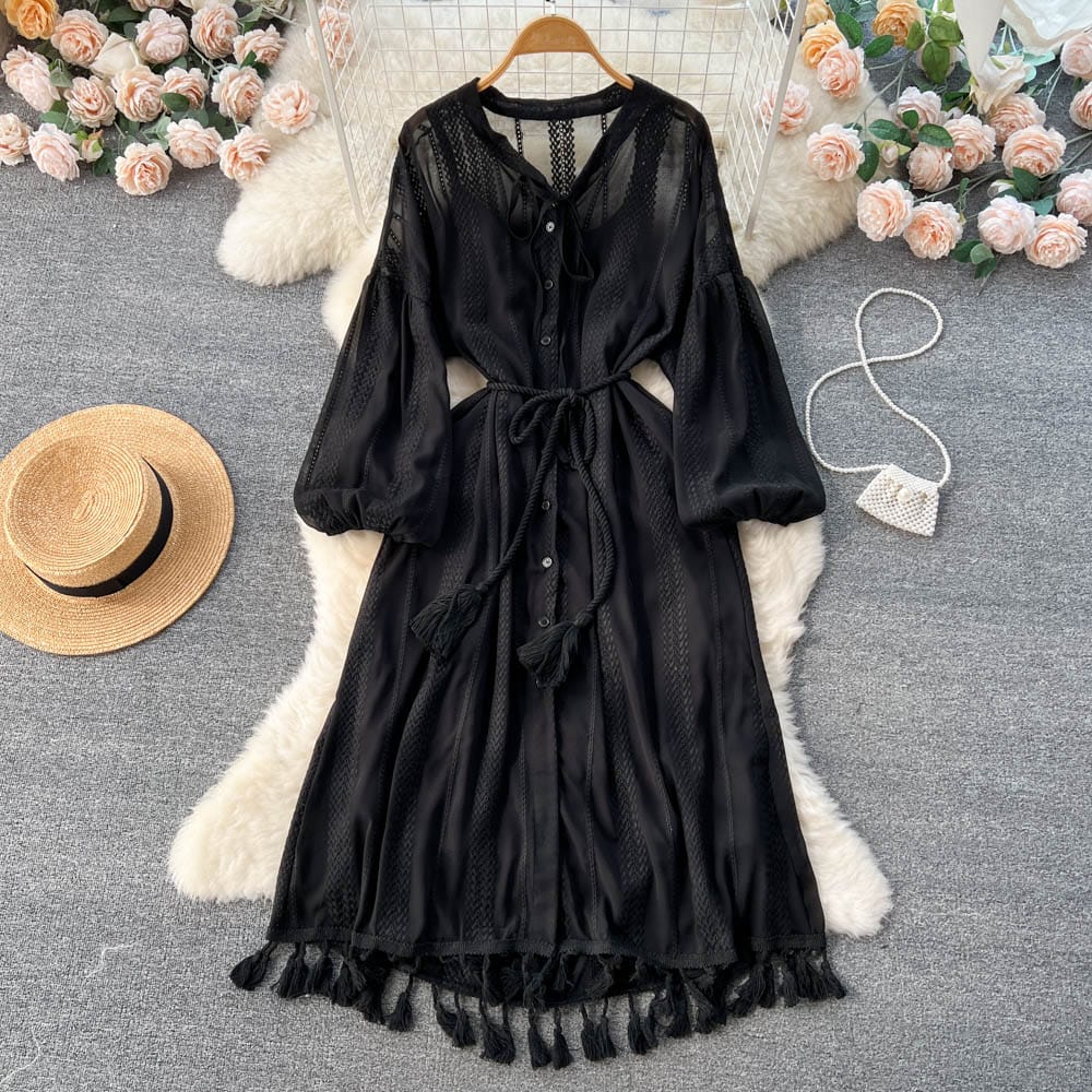 Free / black Long Sleeve V-neck Solid A-line Dress Summer Vintage High Waist Midi Dress Ladies Retro Dresses Clothes Women Wholesale