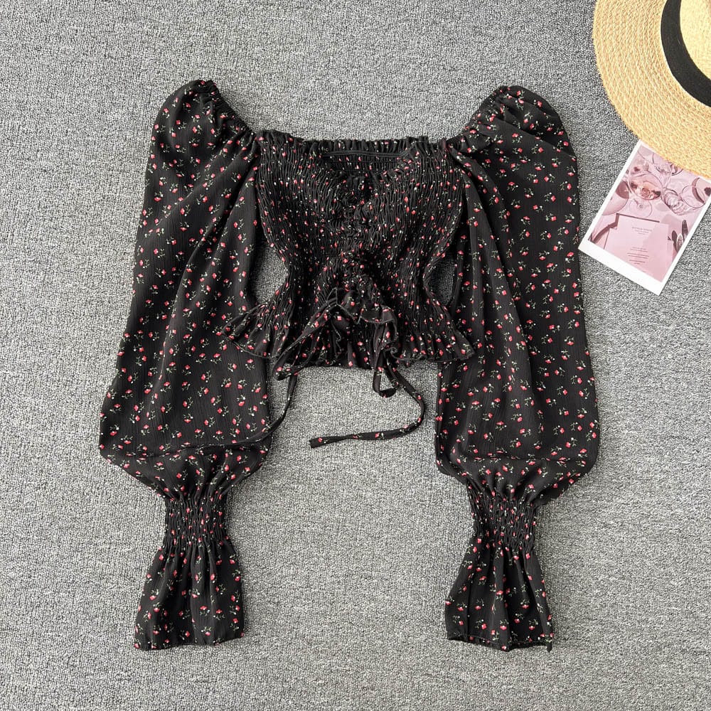 Free / black Off-shoulder sexy floral agaric edge chiffon shirt Women's spring and summer sweet bubble sleeve short top