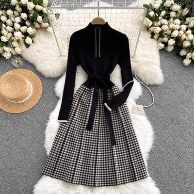 Free / black One size Autumn New Long Sleeve Knitted Single breasted Standing Neck Elegant and Elegant Mid length French Dress