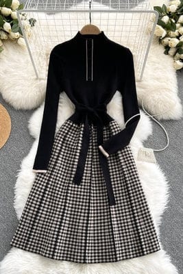 Free / black One size Autumn New Long Sleeve Knitted Single breasted Standing Neck Elegant and Elegant Mid length French Dress