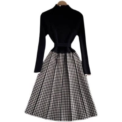 Free / black One size Autumn New Long Sleeve Knitted Single breasted Standing Neck Elegant and Elegant Mid length French Dress