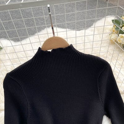 Free / black One size Autumn New Long Sleeve Knitted Single breasted Standing Neck Elegant and Elegant Mid length French Dress
