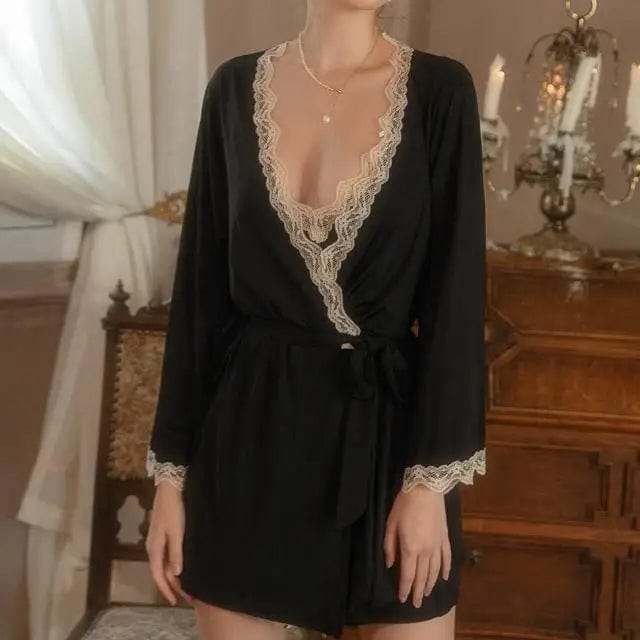 Free / Black One size fun lace nightgown Deep V-strap women's sexy Floral pajamas Large size bathrobe set