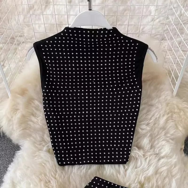 Free / Black One size  High waisted sexy buttocks split hot diamond skirt Standing collar sleeveless vest Mid length skirt two-piece set