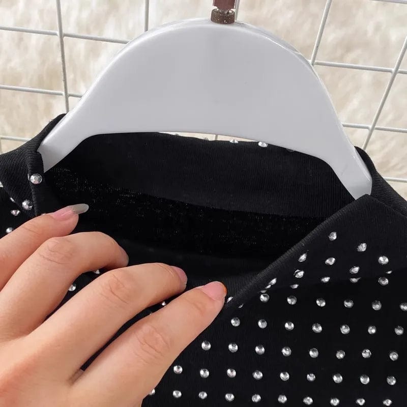 Free / Black One size  High waisted sexy buttocks split hot diamond skirt Standing collar sleeveless vest Mid length skirt two-piece set
