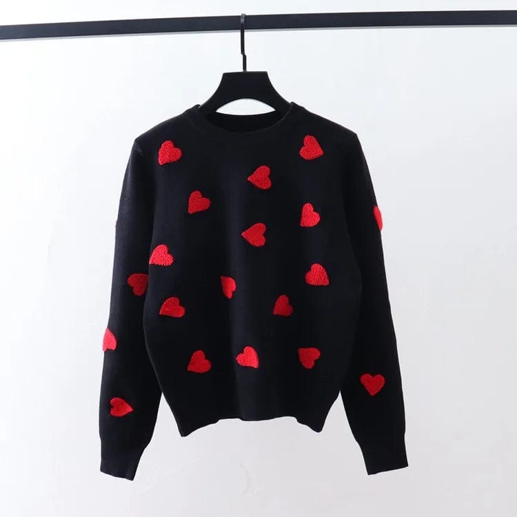 Free / Black One size  Red Heart Embroidered Round Neck Long Sleeve Knitted Shirt for Women's Outerwear and Underlay Sweater